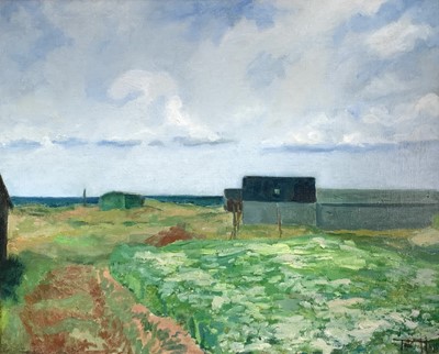 Lot 699 - Frederick HALL (1860-1948) Coastal sheds Oil...