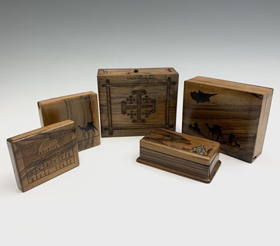 Lot 1022 - Five Jerusalem olive wood boxes, to include a...