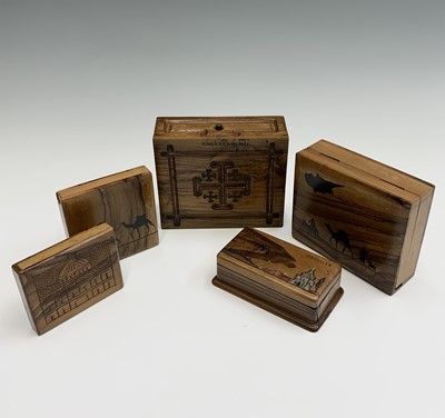 Lot 1022 - Five Jerusalem olive wood boxes, to include a...