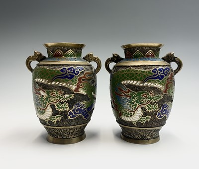 Lot 162 - A pair of Japanese champleve twin handled...