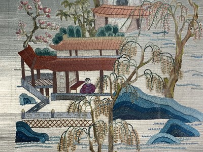 Lot 113 - Five Chinese silk embroidered pictures, 20th...
