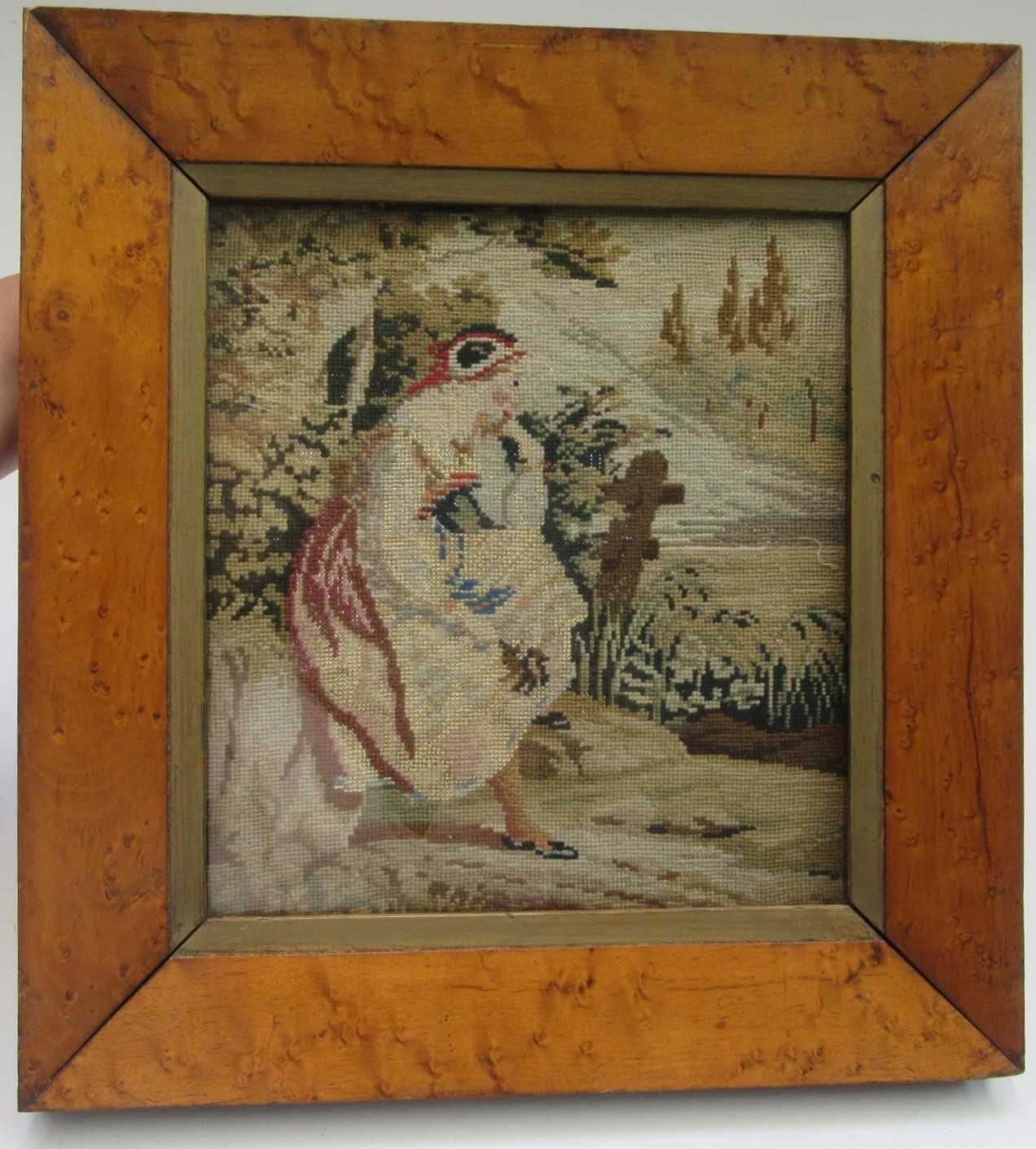 Lot 3210 - Two Victorian needlepoint pictures, each of a...