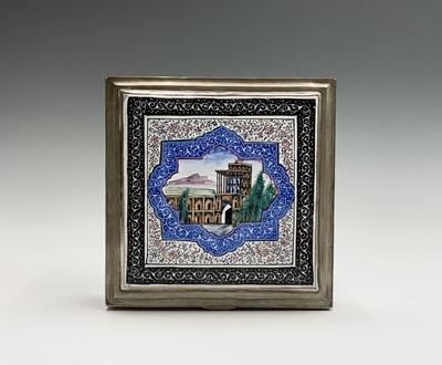 Lot 1033 - A Persian silver and painted enamel cigar box,...
