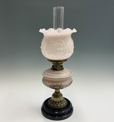 Lot 269 - A late Victorian pink opaline glass oil lamp,...