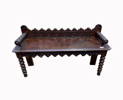 Lot 3099 - A Victorian oak hall bench, with bobbin turned...