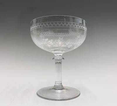 Lot 1030 - A set of eight Edwardian etched wine glasses,...