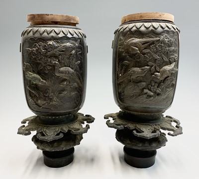 Lot 211 - A pair of Japanese bronze urns, Meiji Period,...