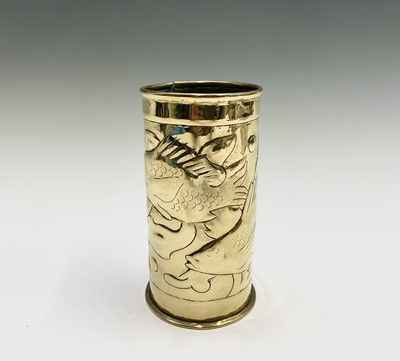 Lot 305 - A Newlyn brass cylindrical spill vase,...