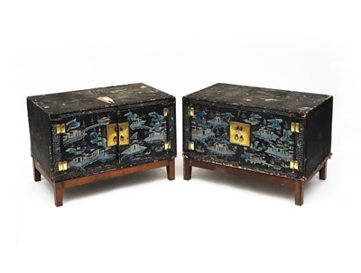 Lot 244 - A pair of Chinese lacquered wood and painted...