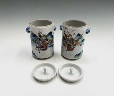 Lot 76 - A pair of Chinese famille verte cylindrical...