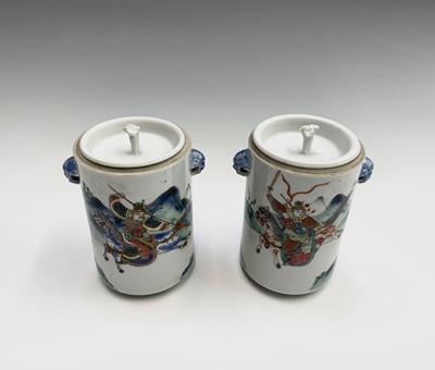 Lot 76 - A pair of Chinese famille verte cylindrical...