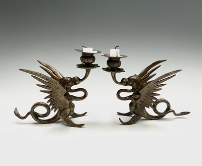 Lot 262 - A pair of Chinese patinated brass candlesticks,...