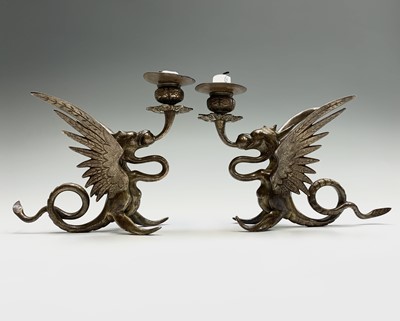 Lot 262 - A pair of Chinese patinated brass candlesticks,...