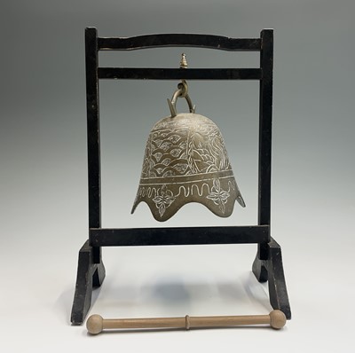 Lot 274 - A Chinese brass bell shape gong on ebonised...