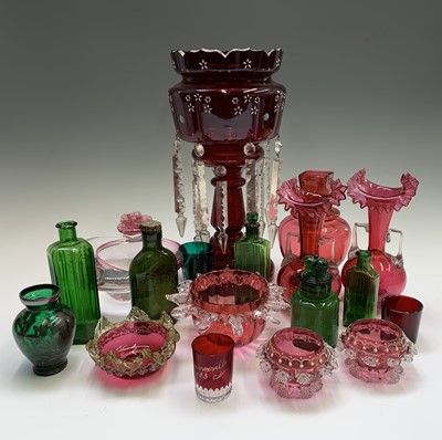 Lot 1116 - A Victorian ruby glass lustre vase, with two...