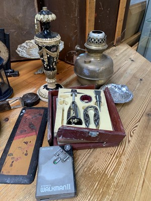 Lot 37 - A salter scale, lamp bases, metalware etc in...