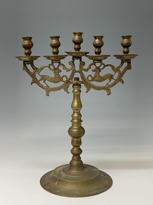 Lot 308 - A large brass five branch candelabrum,...