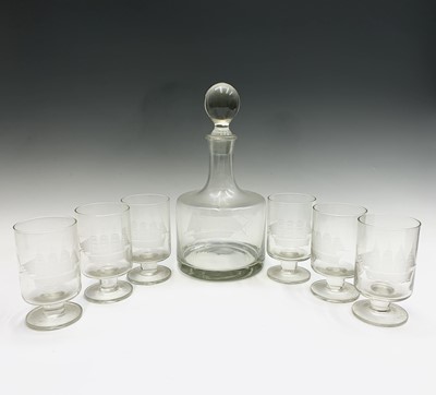 Lot 1095 - A decanter with etched ship motif, height 29cm,...