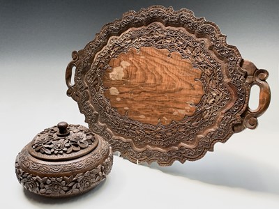 Lot 1026 - A Kashmir carved wood tray and bowl, mid 20th...