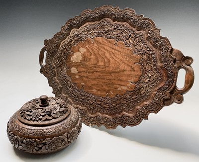 Lot 1026 - A Kashmir carved wood tray and bowl, mid 20th...