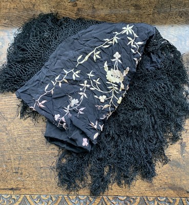 Lot 2872 - A vintage black silk embroidered & fringed...