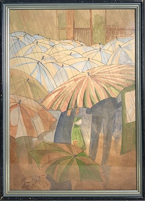 Lot 1483 - K Knight a 1930s watercolour, a rainy day, a...