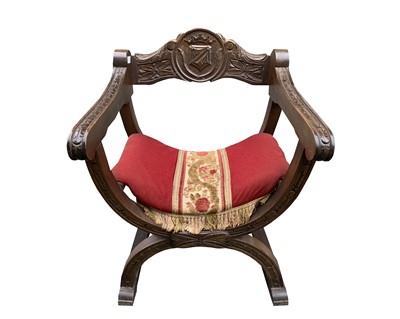 Lot 367 - A beech framed Savonarola type armchair with...