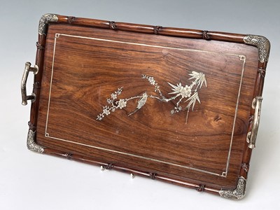 Lot 118 - A Chinese huanghuali and silver tray, 19th...