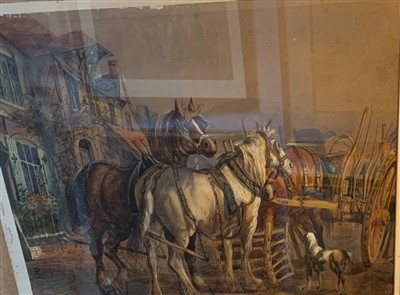 Lot 631 - A Victorian watercolour of horses and a cart,...