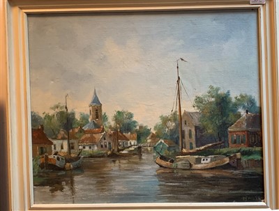 Lot 601 - An oil on canvas by Hansk, a river scene,...