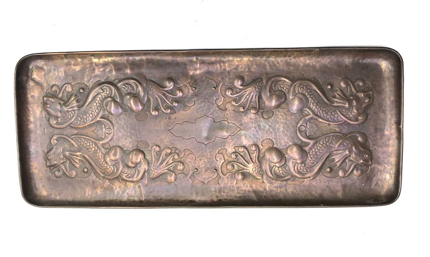 Lot 54 - A Newlyn rectangular copper tray, decorated...