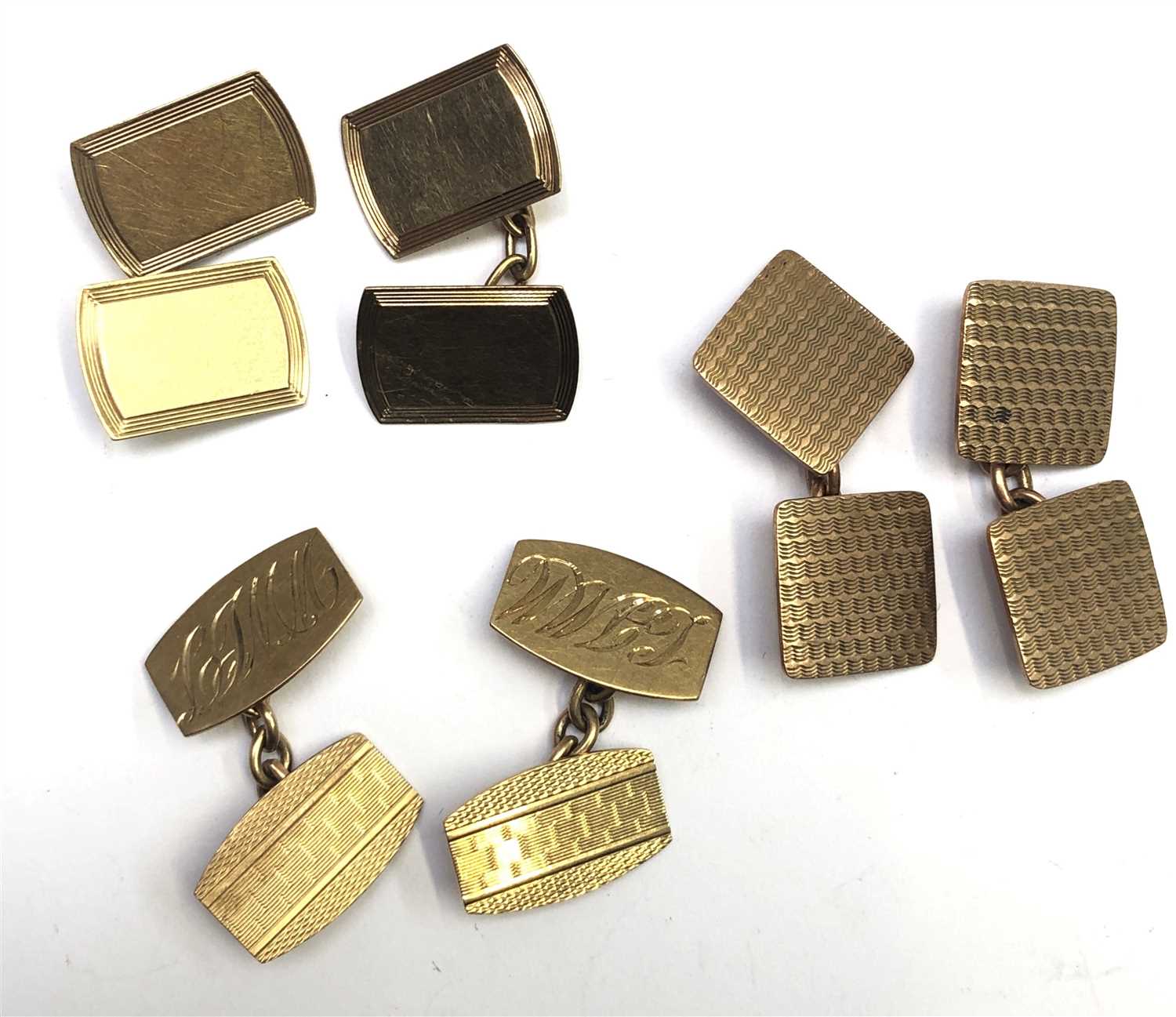 Lot 2697 - Three pairs of 9ct gold cufflinks, 13.6g.