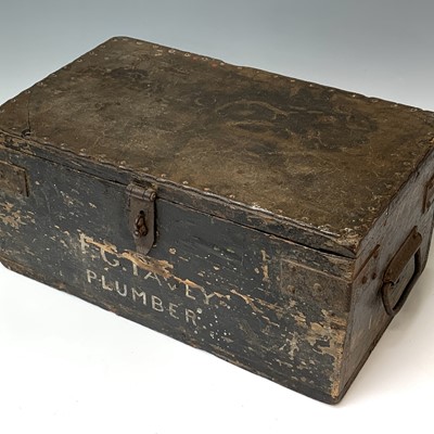 Lot 324 - A pine and leather workmans box, inscribed...