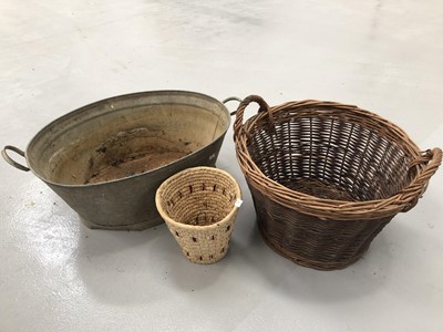Lot 98 - Galvinised tin bath, wicker log basket and a...
