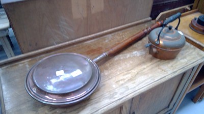 Lot 71 - Antique copper warming pan and copper kettle.