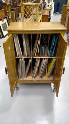 Lot 77 - Pine vinyl/record cabinet with wheels,...