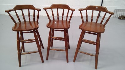 Lot 149 - Three bow back bar stools, height 106cm seat...