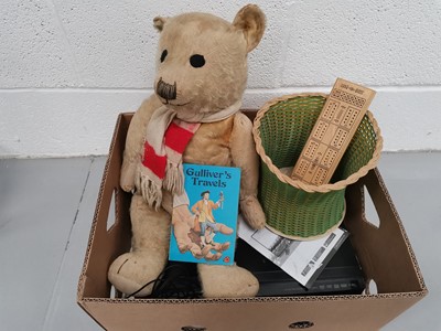 Lot 155 - A mixed box of items including a vintage teddy,...