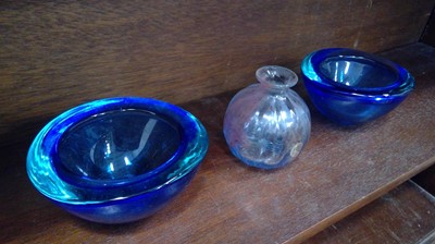 Lot 172 - Peter Tysoe glass bottle vase and two blue...