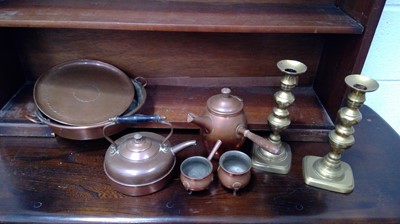 Lot 184 - Copper hot chocolate pot, pair of brass...