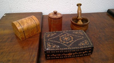 Lot 214 - Burr walnut inlaid domed topped jewelry box,...