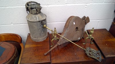 Lot 218 - Bellows, brass andirons, brass coal shovel,...