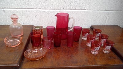 Lot 226 - Cranberry glass lemonade set, and other...