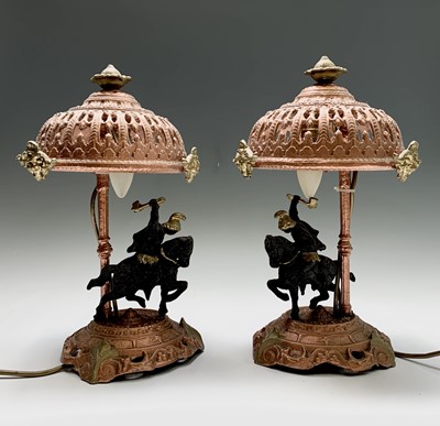 Lot 125 - A pair of painted spelter table lamps with...