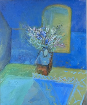 Lot 474 - Elizabeth HUNTER (1935) Flowers in a Blue Room...