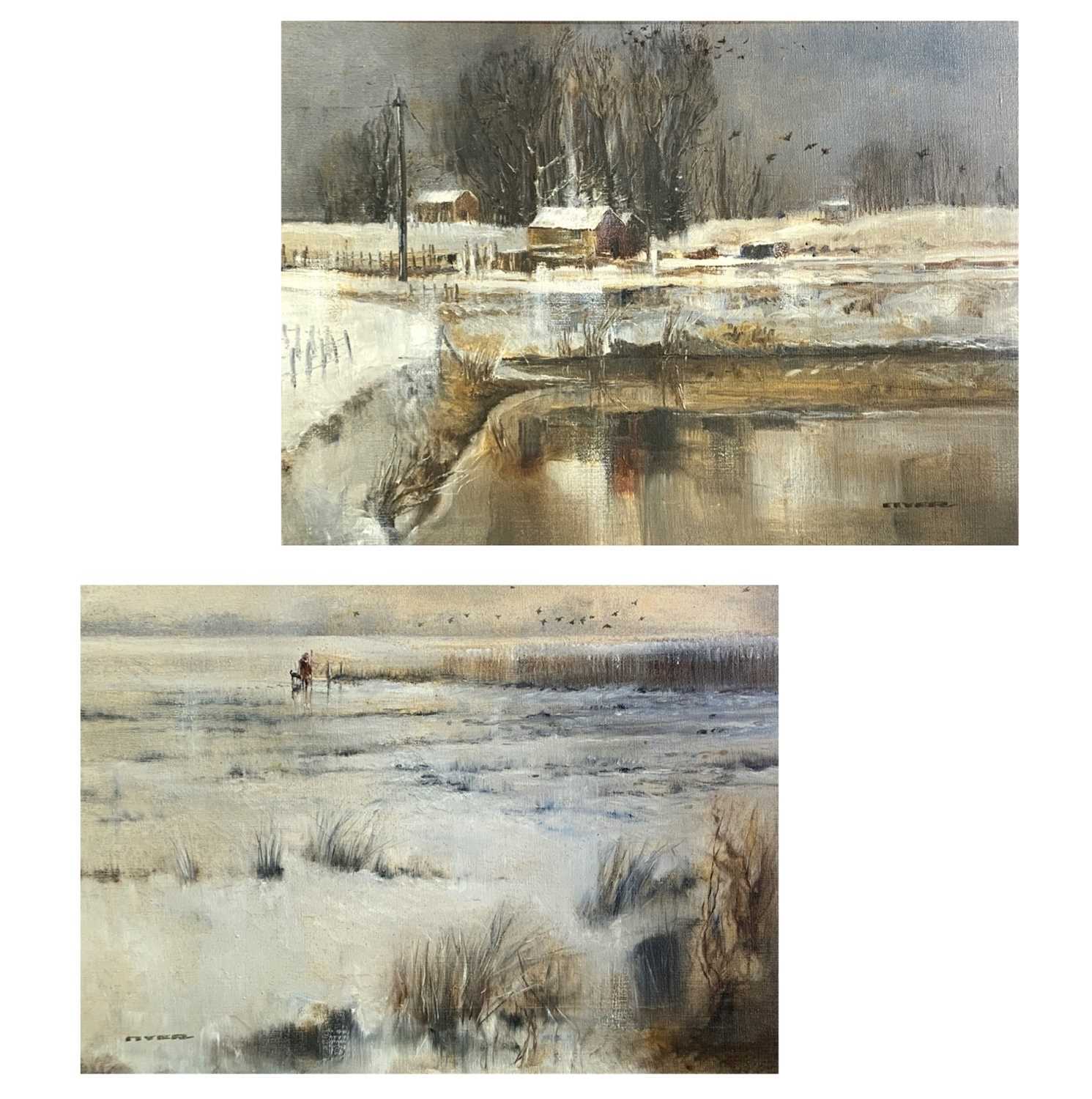 Lot 367 - Ted DYER (1940) A pair of rural snow scenes