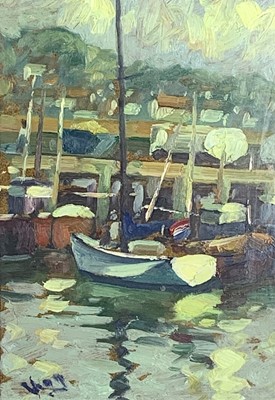 Lot 501 - Bob VIGG (1932-2001) Moored Boats Oil on board...