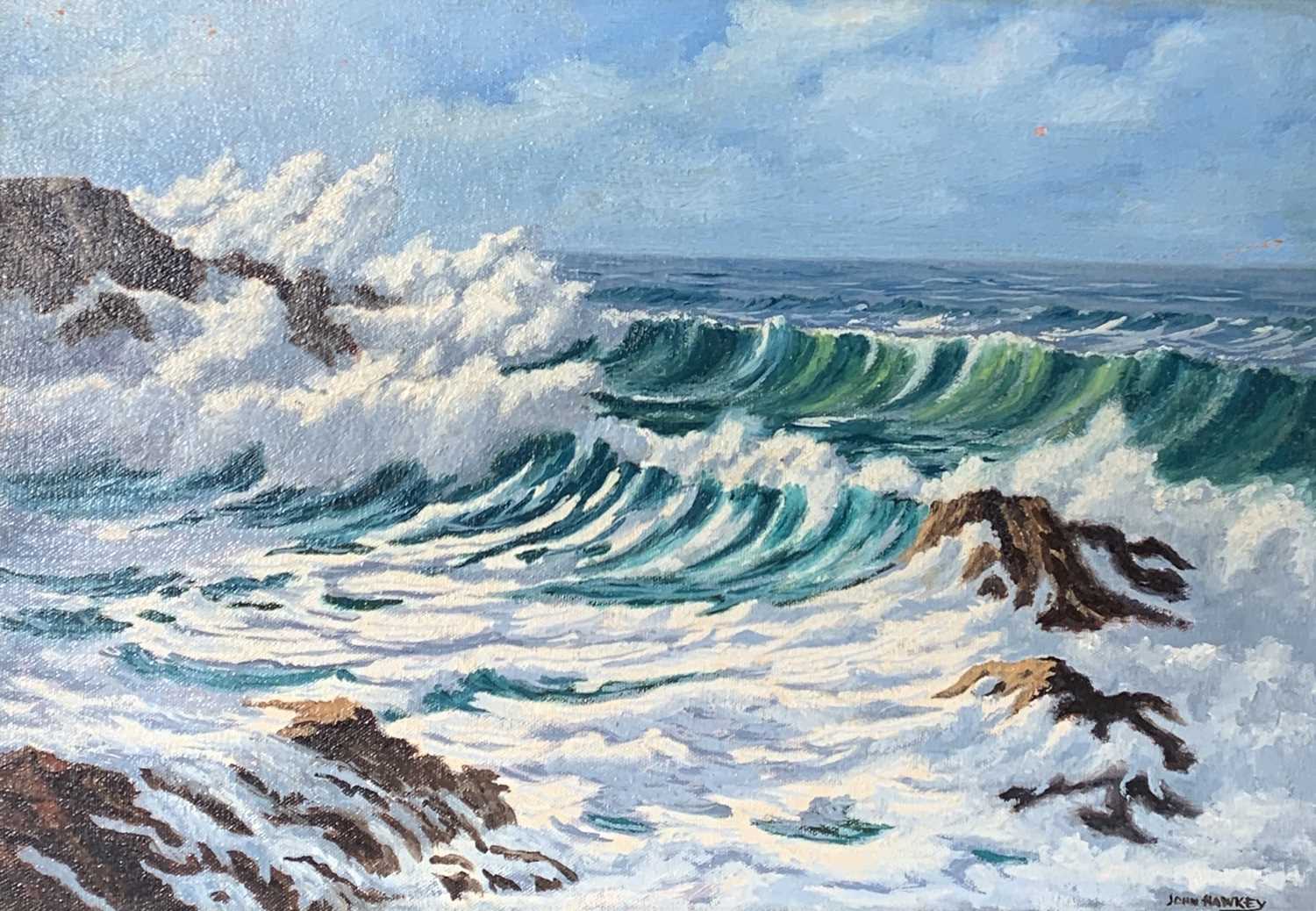 Lot 1065 - John HAWKEY Waves Oil on board Signed 34x49cm