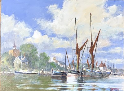 Lot 1191 - Derek PRING Thames Barges at Anchor Oil on...