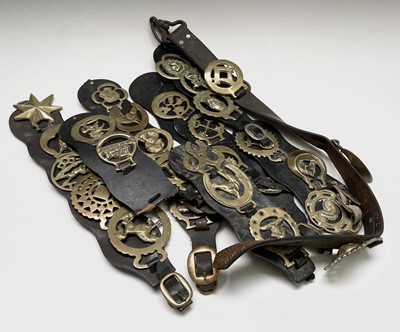 Lot 318 - A collection of horse brasses on leather...